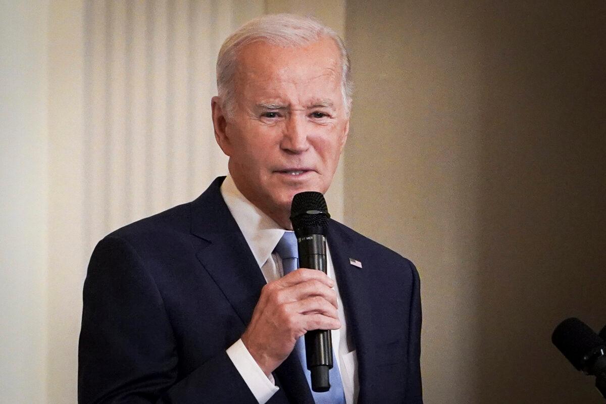 U.S. President Joe Biden speaks at an event at the White House on May 8, 2023. (Madalina Vasiliu/The Epoch Times)