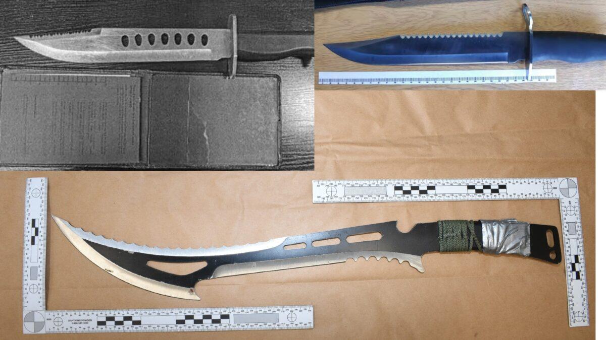 Undated images of three knives that Marques Walker was found in possession of between January 2020 and October 2021, in London and Welwyn Garden City, England. (Metropolitan Police)