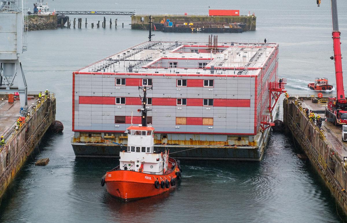 The Bibby Stockholm accommodation barge arrives into Falmouth docks, Cornwall, to undergo inspection on May 9, 2023. (Matt Keeble/PA Media)