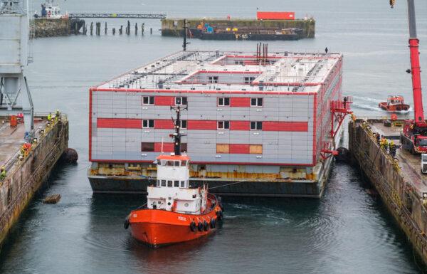 The Bibby Stockholm accommodation barge arrives at Falmouth docks, Cornwall, to undergo inspection on May 9, 2023. (Matt Keeble/PA Media)