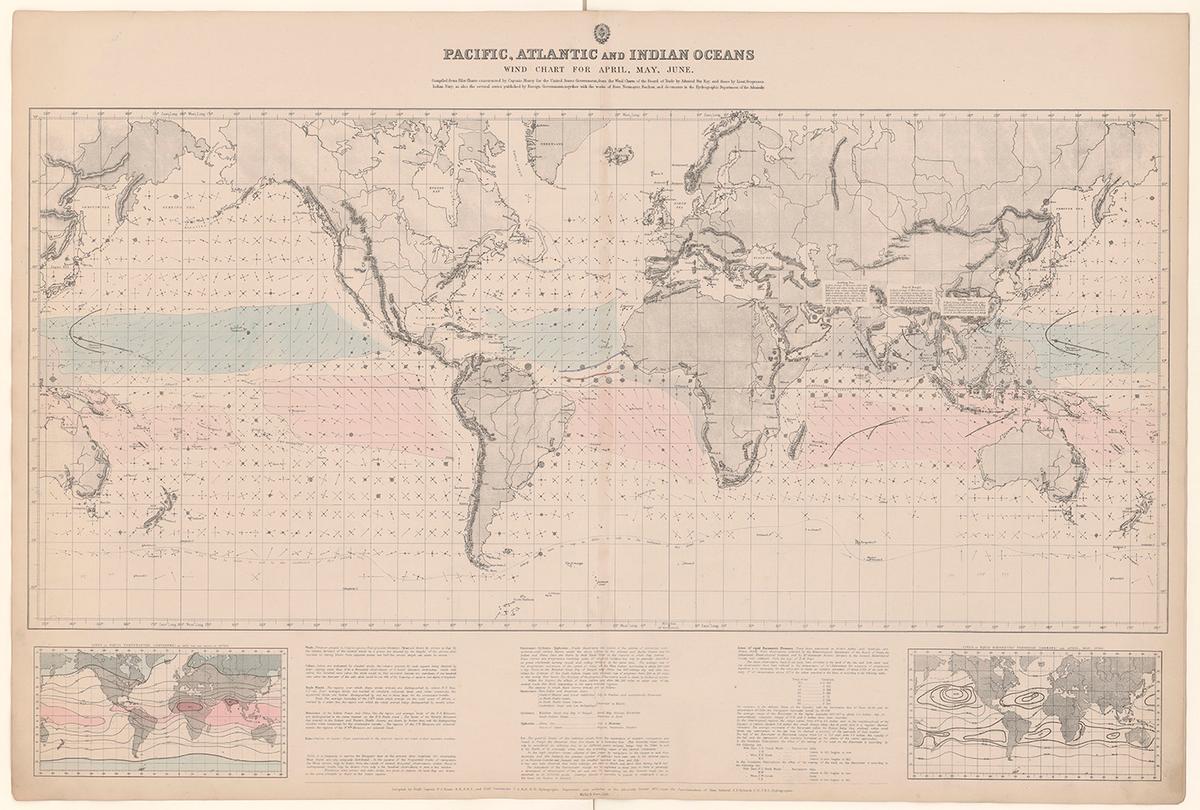 Wind and current charts for the Pacific, Atlantic, and Indian oceans during the months of April, May, and June, 1872, by Captain Maury. National Library of France. (Public Domain)