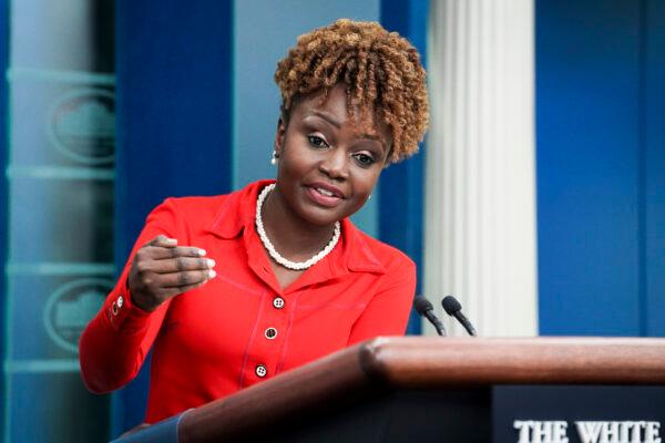 White House Press Secretary Karine Jean-Pierre speaks during a press briefing at the White House in Washington on May 9, 2023. (Madalina Vasiliu/The Epoch Times)