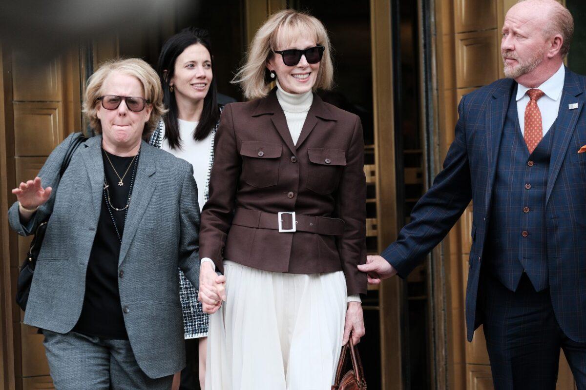 Writer E. Jean Carroll leaves a Manhattan court house on May 9, 2023, after a jury found former President Donald Trump liable for sexually abusing her in a Manhattan department store in the 1990s. (Spencer Platt/Getty Images)
