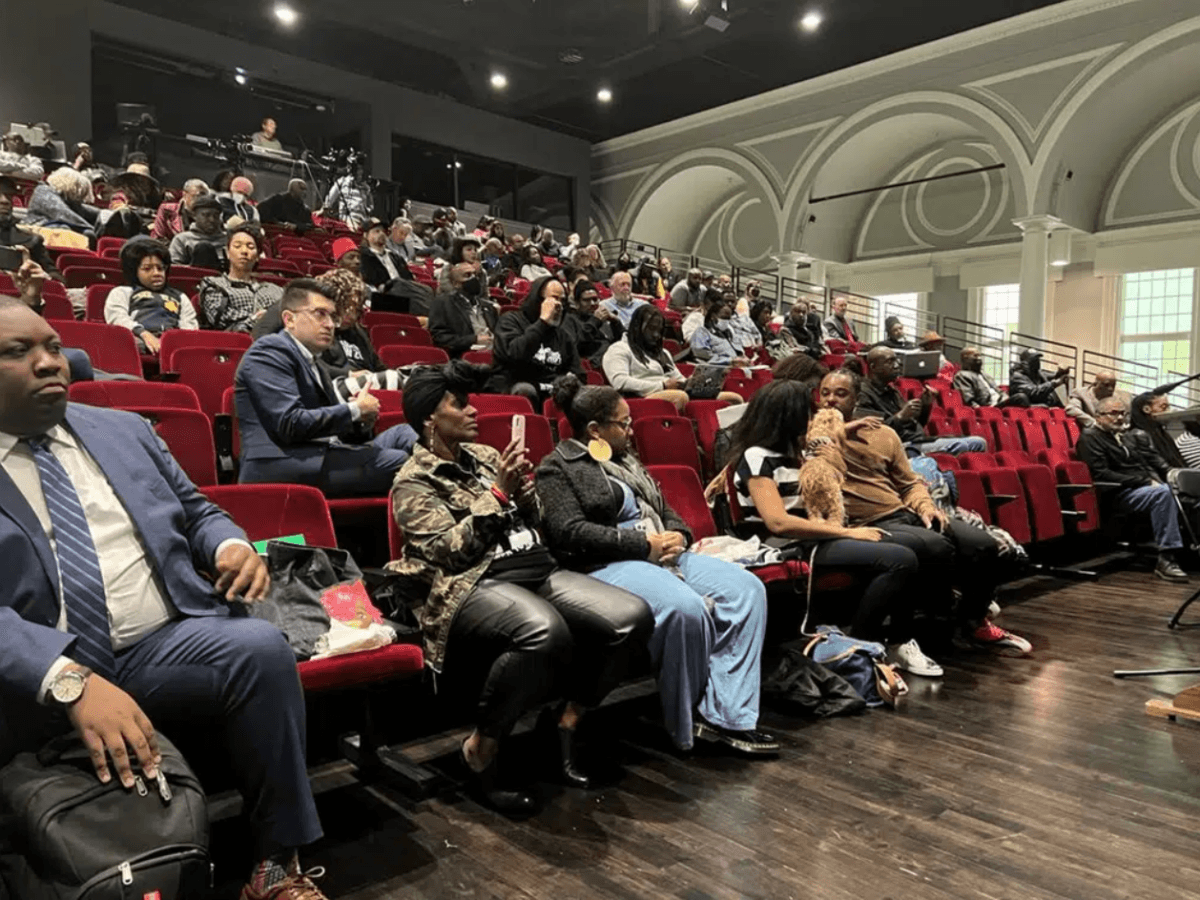 People listen to the California reparations task force, a nine-member committee studying restitution proposals for African-Americans, at a meeting at Lesser Hall in Mills College at Northeastern University in Oakland, Calif., on May 6, 2023. (Sophie Austin/AP Photo)