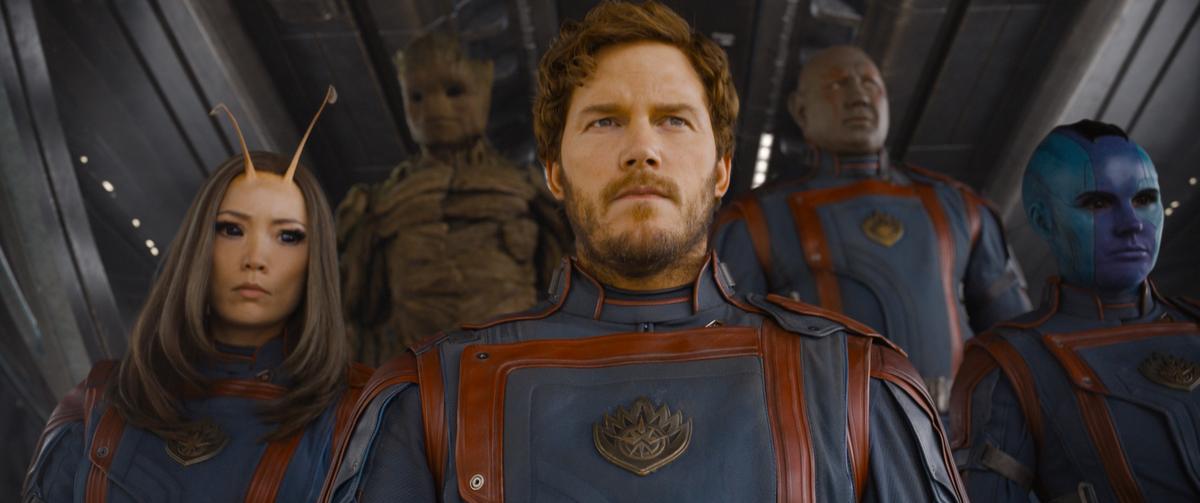 (L–R) Mantis (Pom Klementieff), Groot (voiced by Vin Diesel), Peter Quill (Chris Pratt), Drax (Dave Bautista), and Nebula (Karen Gillan) getting ready for some action, in "Guardians of the Galaxy Vol. 3." (Marvel Studios)