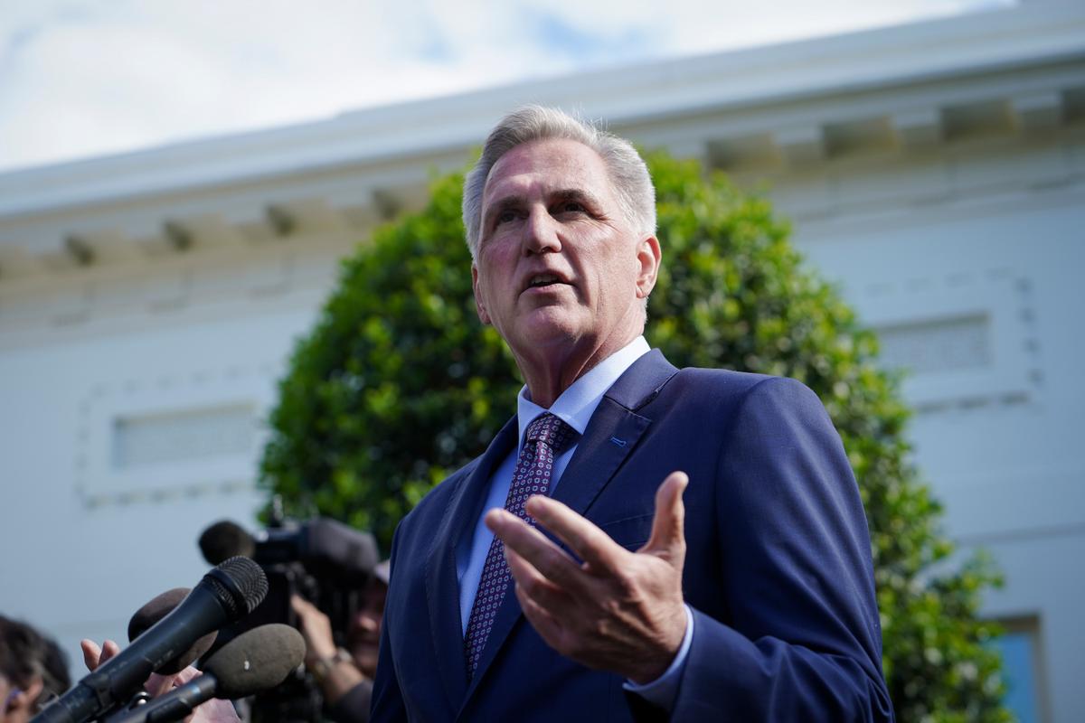 House Speaker Kevin McCarthy (R-Calif.) speaks to the press after meeting President Joe Biden and other leaders at the White House on May 9, 2023. (Madalina Vasiliu/The Epoch Times)