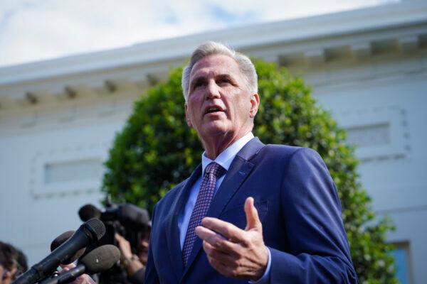 House Speaker Kevin McCarthy (R-Calif.) speaks to the press after meeting President Joe Biden and other leaders at the White House in Washington on May 9, 2023. (Madalina Vasiliu/The Epoch Times)