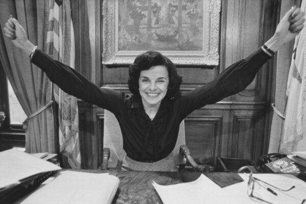 Dianne Feinstein, her arms outstretched in celebration, in her office after she was elected mayor of San Francisco, at San Francisco City Hall in San Francisco, California, circa 1978. (Nick Allen/Pictorial Parade/Archive Photos/Getty Images)