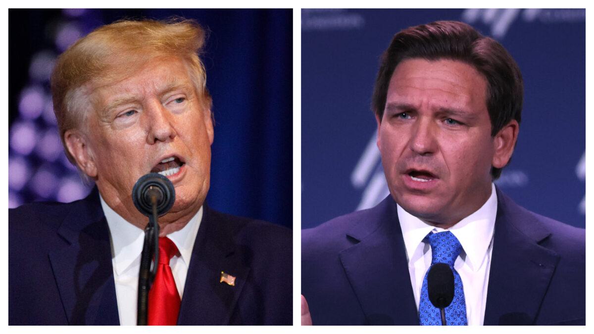 Former President Donald Trump (L) addresses the crowd during a 2024 election campaign event in Columbia, S.C., on Jan. 28, 2023; Florida Gov. Ron DeSantis speaks to guests at the Republican Jewish Coalition Annual Leadership Meeting in Las Vegas on Nov. 19, 2022. (Logan Cyrus, Scott Olson/Getty Images)