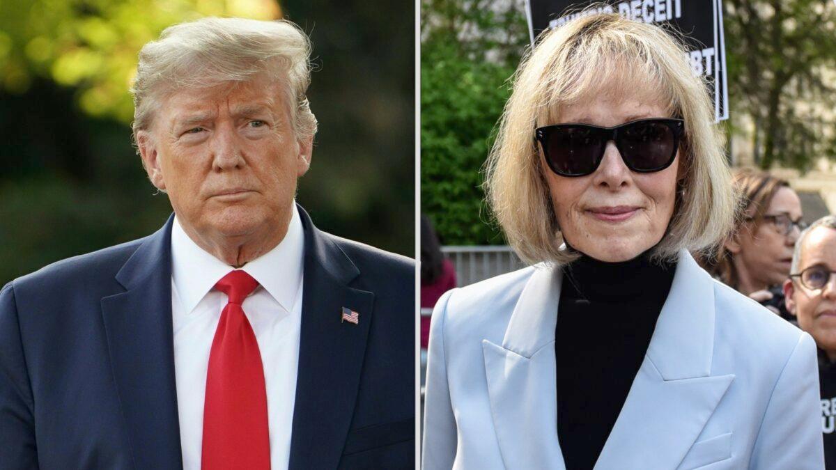 (Left) President Donald Trump comes out of the Oval Office from the White House on Sept. 16, 2019. (Right) E. Jean Carroll (C) leaves following her trial at Manhattan Federal Court in New York on May 8, 2023. (Mandel Ngan, Stephanie Keith/Getty Images)
