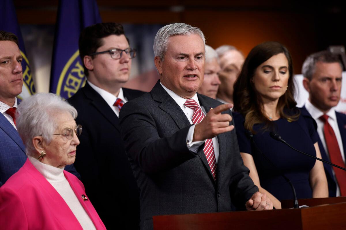 House Oversight and Accountability Committee chairman James Comer (R-Ky.) and other Republican members of the committee hold a news conference to present preliminary findings into their investigation into President Joe Biden's family in Washington, on May 10, 2023. (Chip Somodevilla/Getty Images)