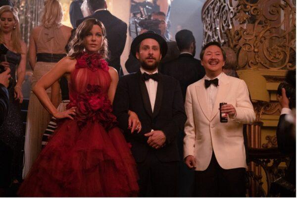 (L–R) Christiana (Kate Beckinsale), Latté Pronto (Charlie Day), and Kenny (Ken Jeong), in “Fool’s Paradise.” (Roadside Attractions)