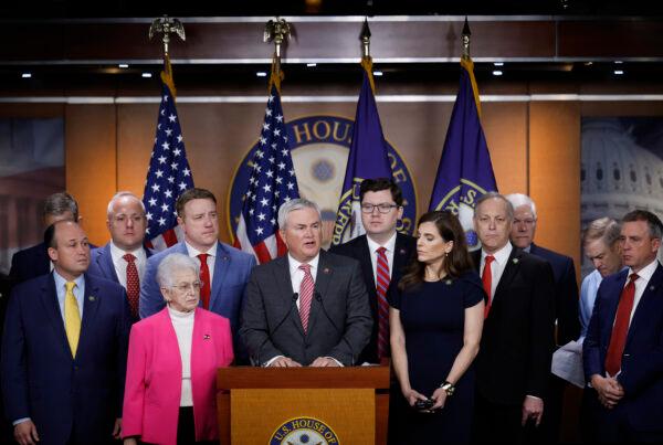 House Oversight and Accountability Committee Chairman James Comer (R-Ky.) and other Republican members of the committee present the preliminary findings of their investigation into President Joe Biden's family at a news conference in Washington, on May 10, 2023. (Chip Somodevilla/Getty Images)