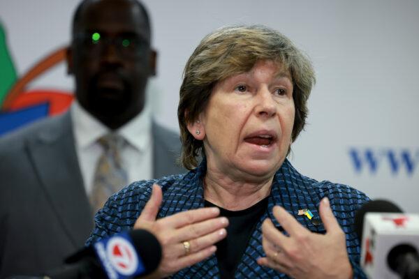 Randi Weingarten, president of the American Federation of Teachers, speaks during a press conference in Tamarac, Fla., on May 3, 2023. (Joe Raedle/Getty Images)