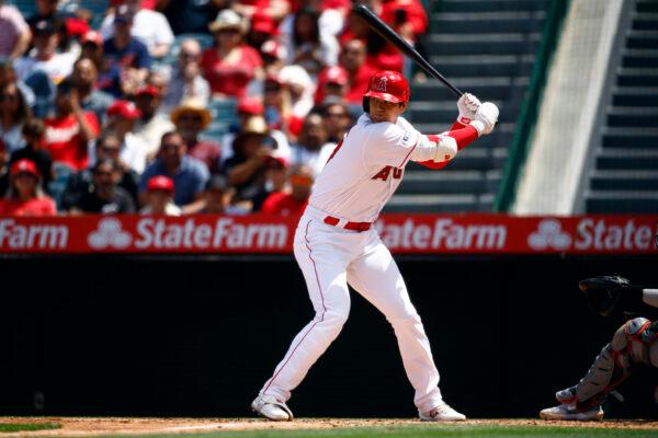 Shohei Ohtani (17) of the Los Angeles Angels at bat against the Houston Astros in the fourth inning at Angel Stadium of Anaheim in Anaheim, Calif., on May 10, 2023. (Ronald Martinez/Getty Images)