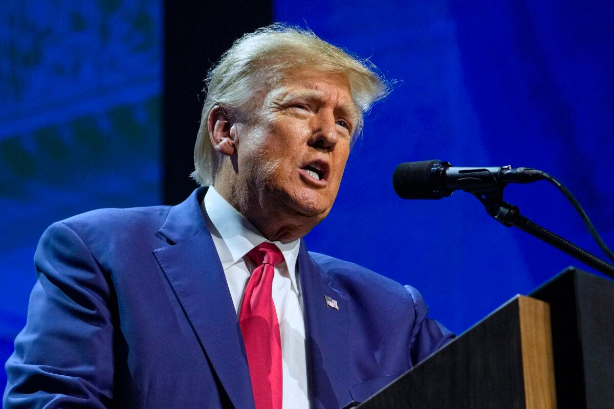 Former President Donald Trump speaks at the National Rifle Association Convention in Indianapolis on April 14, 2023. (Michael Conroy, File/AP Photo)