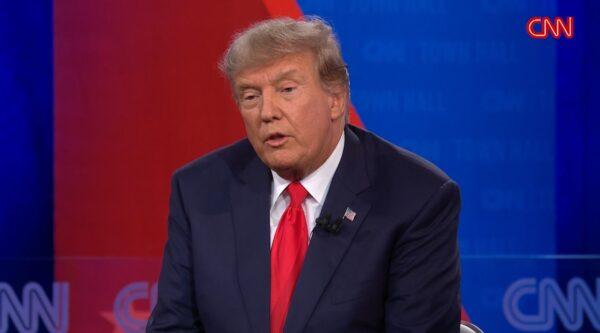Former President Donald Trump speaks at a CNN Town Hall at St. Anselm College in Manchester, N.H., on May 10, 2023, in a still from video. (CNN/Screenshot via The Epoch Times)
