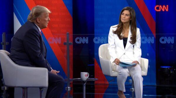 Former President Donald Trump speaks at a Town Hall with CNN’s Kaitlan Collins at St. Anselm College in Manchester, N.H., on May 10, 2023, in a still from a video. (CNN/Screenshot via The Epoch Times)