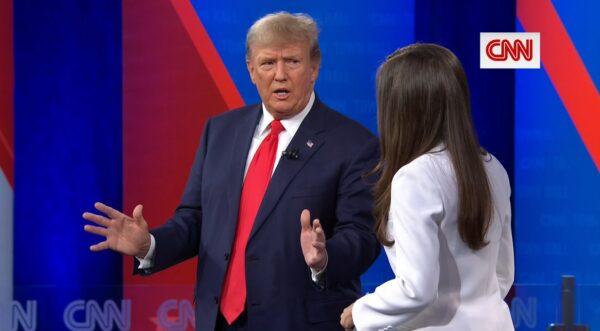 Former President Donald Trump speaks at a CNN Town Hall with CNN’s Kaitlan Collins at St. Anselm College in Manchester, N.H., on May 10, 2023, in a still from video. (CNN/Screenshot via The Epoch Times)