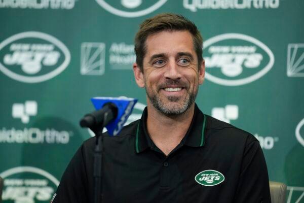 New York Jets' quarterback Aaron Rodgers smiles during an NFL football news conference at the Jets' training facility in Florham Park, N.J., on April 26, 2023. (Seth Wenig/AP Photo)