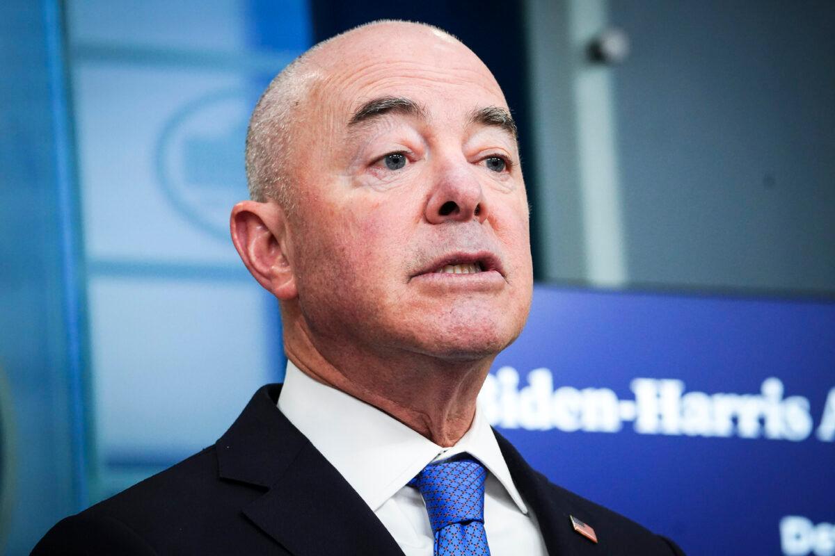 Secretary of Homeland Security Alejandro Mayorkas speaks during a press briefing at the White House in Washington on May 11, 2023. (Madalina Vasiliu/The Epoch Times)