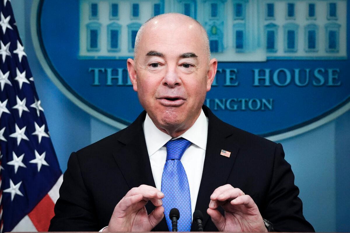 Secretary of Homeland Security Alejandro Mayorkas speaks during a press briefing at the White House in Washington on May 11, 2023. (Madalina Vasiliu/The Epoch Times)