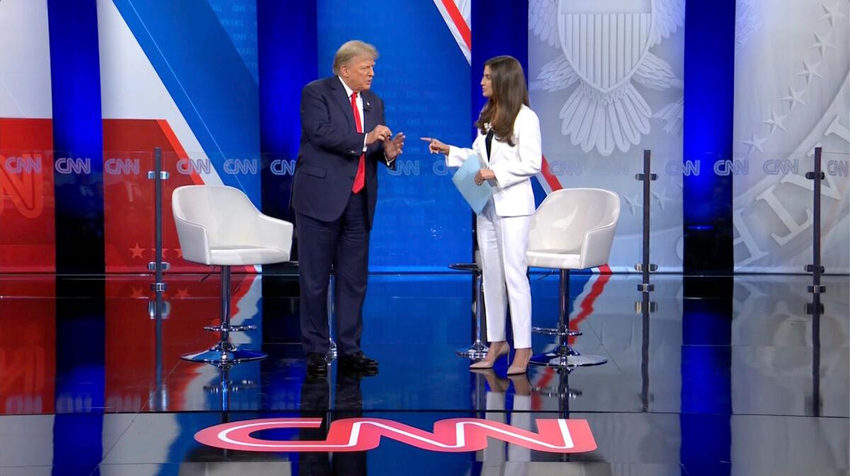 Former President Donald Trump (L) speaks at a CNN town hall with CNN’s Kaitlan Collins at St. Anselm College in Manchester, N.H., on May 10, 2023, in a still from video footage. (CNN/Screenshot via The Epoch Times)