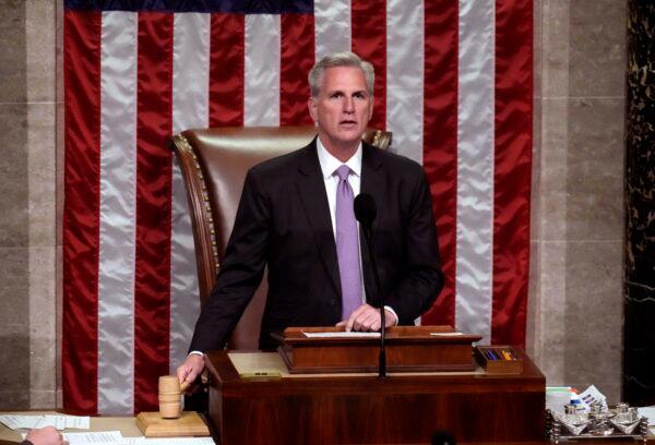 House Speaker Kevin McCarthy (R-Calif.) presides over the vote on H.R.2, the Secure the Border Act of 2023, in the House Chamber of the U.S. Capitol in Washington on May 11, 2023. (Drew Angerer/Getty Images)