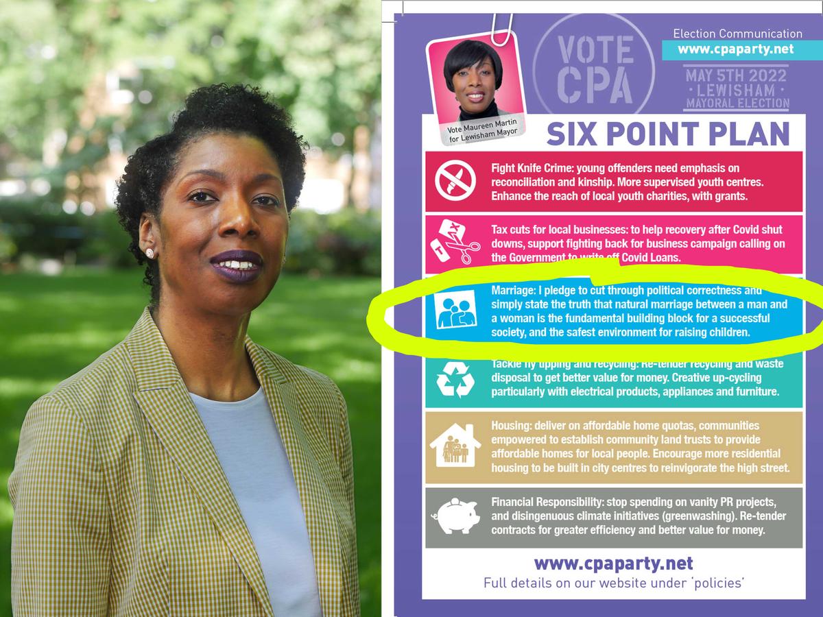 (Left) London mayoral candidate Maureen Martin; (Right) A leaflet displays mayoral candidate Maureen Martin's six-point plan manifesto. (Courtesy of Christian Concern)