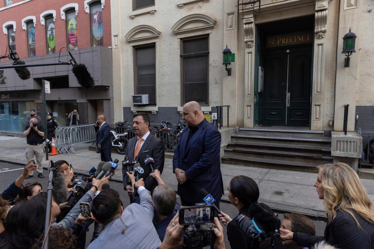 Thomas A. Kenniff, attorney for Daniel Penny, speaks to members of media outside at the 5th Precinct in N.Y. on May 12, 2023. (Jeenah Moon/AP Photo)