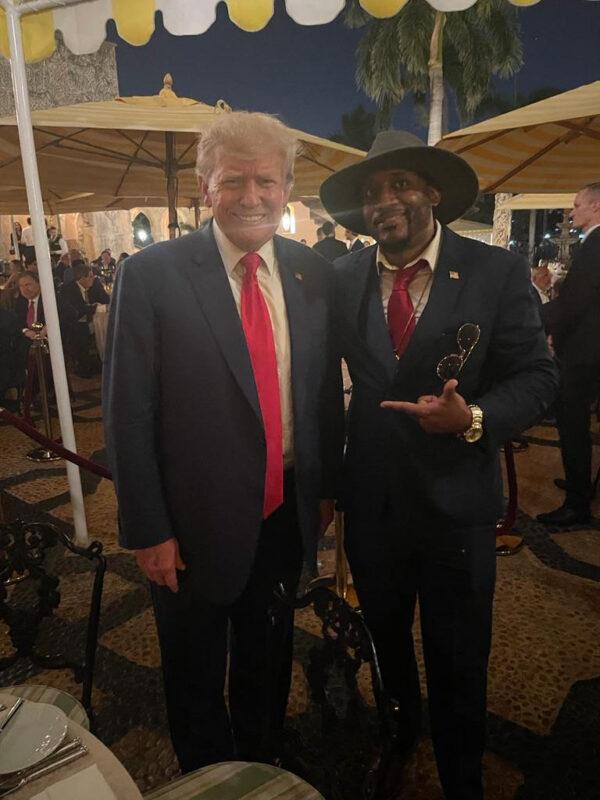 Former President Donald Trump poses for a photo with Egypt Brown at a private party at Mar-A-Lago, on April 4, 2023. (Courtesy of Egypt Brown)