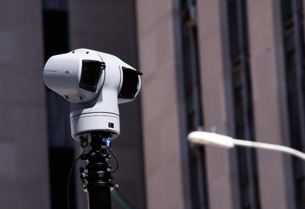 A surveillance camera is placed on a car outside of the Manhattan Criminal Courthouse in New York on April 3, 2023. (Kena Betancur/Getty Images)
