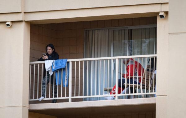 Illegal immigrants apprehended by Border Patrol agents are housed in hotels, in San Diego on May 11, 2023. (John Fredricks/The Epoch Times)