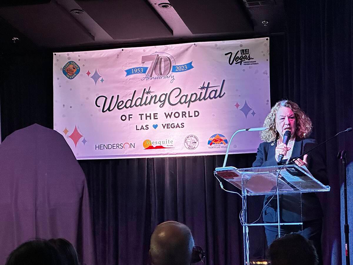 Clark County Clerk Lynn Marie Goya speaking at the preview event of the 70th anniversary of Las Vegas being the "Wedding Capital of the World." Apr. 27, 2023. (Sean Hemmersmeier/Las Vegas Review-Journal/TNS)