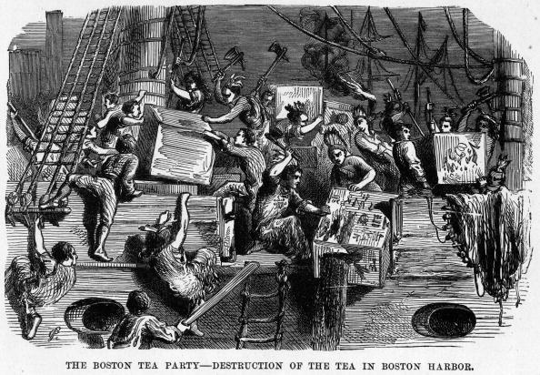 The Boston Tea Party and colonists fought against taxes to support the East India Company. Engraving of the Boston Tea Party as colonials dump crates of imported British tea into Boston Harbor. (MPI/Getty Images)