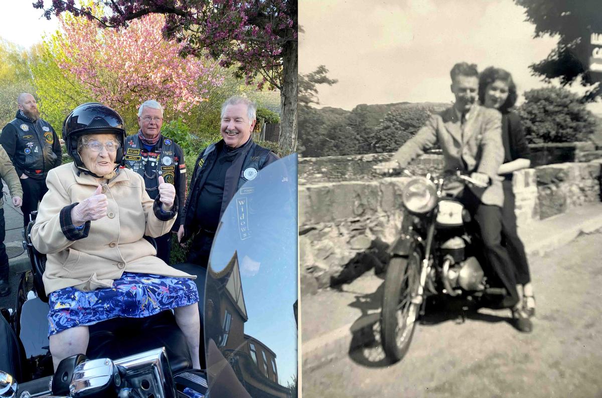 Barbara Morris celebrates her 90th birthday on the back of a Harley Davidson. (SWNS)
