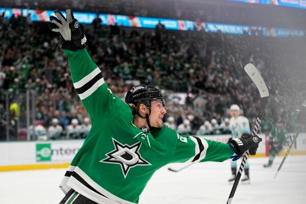 Dallas Stars' Roope Hintz celebrates after scoring against the Seattle Kraken during the first period of Game 5 of an NHL hockey Stanley Cup second-round playoff series in Dallas on May 11, 2023. (Tony Gutierrez/AP Photo)