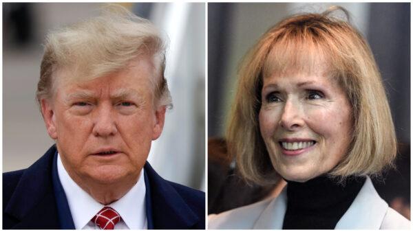 (L) Former President Donald Trump disembarks his plane at Aberdeen Airport in Aberdeen, Scotland, on May 1, 2023. (Jeff J Mitchell/Getty Images); (R) Magazine columnist E. Jean Carroll arrives for her civil trial against former President Donald Trump at Manhattan Federal Court in New York, on May 8, 2023. (Stephanie Keith/Getty Images)