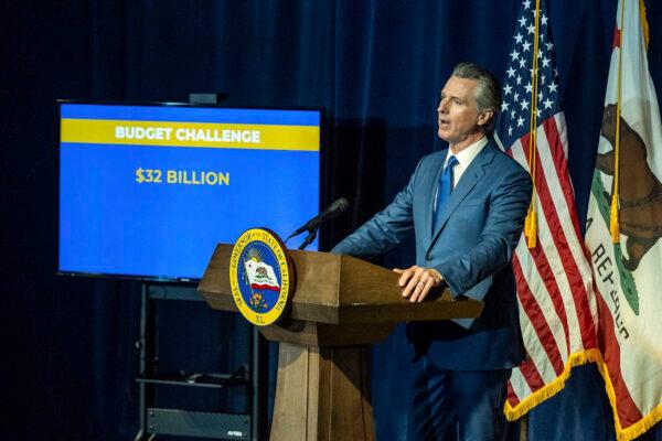California Gov. Gavin Newsom announces the May budget revision in Sacramento on May 12, 2023. Newsom said the state's budget deficit has grown to nearly $32 billion, about $10 billion more than predicted in January when the governor offered his first budget proposal. (Hector Amezcua/The Sacramento Bee via AP)