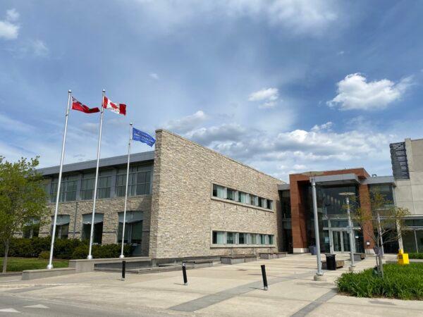 A Falun Dafa flag flies outside town hall in Milton, Ont., on May 1, 2023. (Courtesy of Falun Dafa Association of Canada)