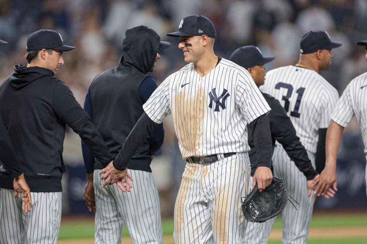 New York Yankees first baseman Anthony Rizzo (48) celebrates with teammates after defeating the Tampa Bay Rays at Yankee Stadium in Bronx, New York, on May 12, 2023. (Vincent Carchietta/USA TODAY Sports via Reuters)