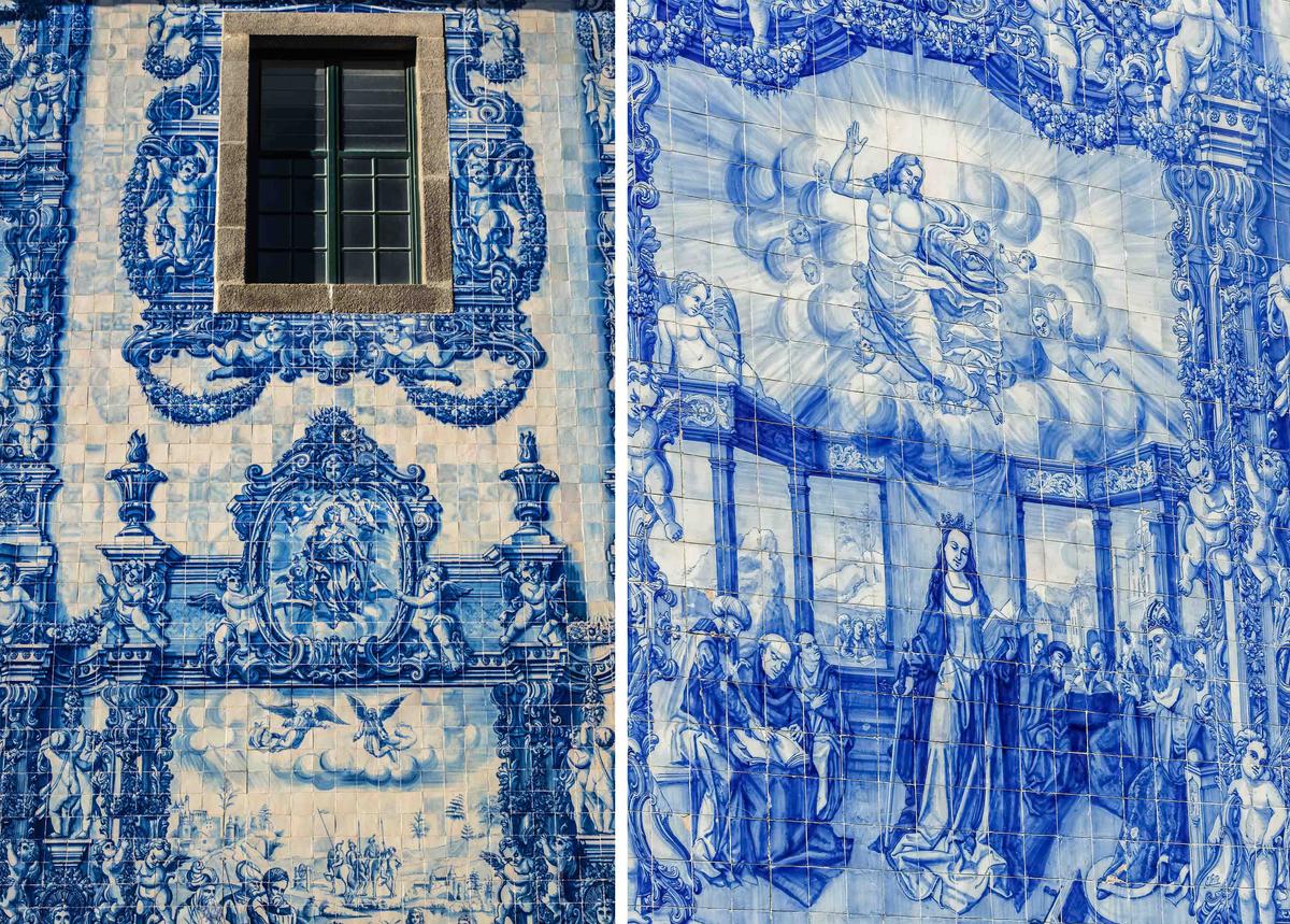 (Left) Detail of intricate tile artwork called azulejos on the side of Chapel of the Souls in Porto, Portugal. (Kiev.Victor/Shutterstock); (Right) A detail of azulejos tile artwork depicting Christ above. (Cassia Bars Hering/Shutterstock)