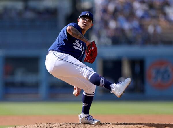 Julio Urias (7) of the Los Angeles Dodgers pitches against the San Diego Padres during the first inning at Dodger Stadium in Los Angeles on May 13, 2023. (Harry How/Getty Images)