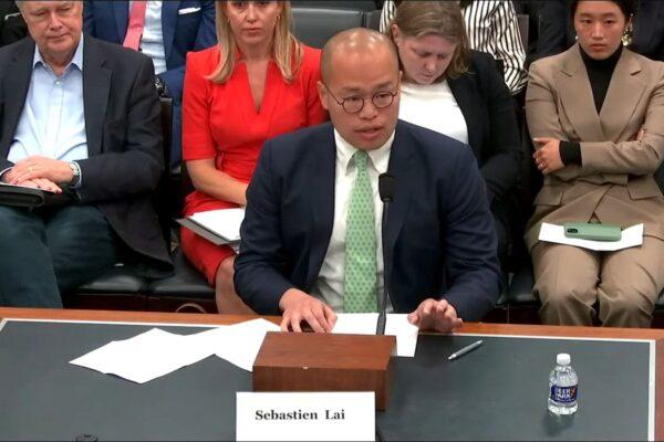 Sebastien Lai testifies at the U.S. Congressional-Executive Commission on China (CECC) hearing on political prisoners and the rule of law in Hong Kong in Washington on May 11, 2023. (Screenshot via CECC live broadcasting)
