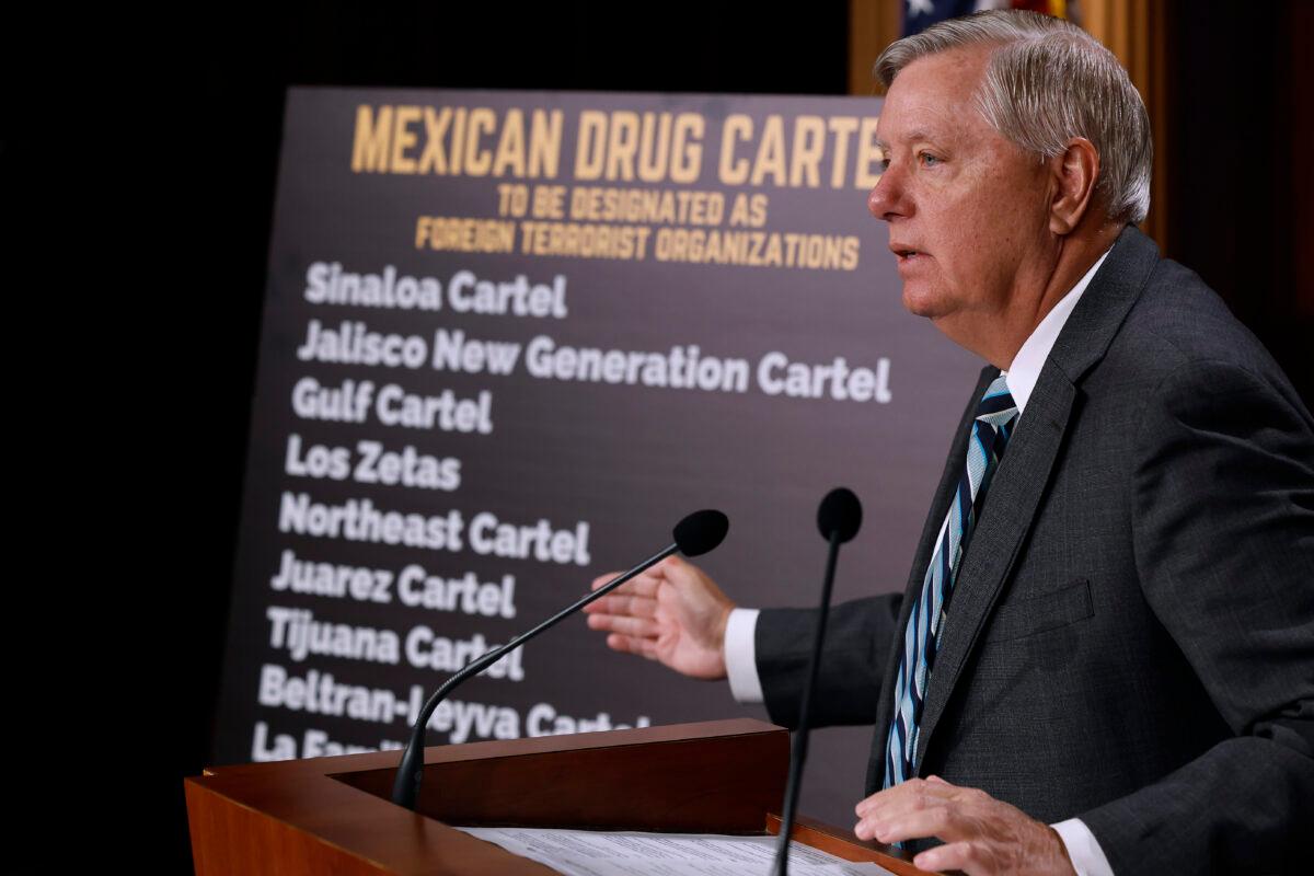 Sen. Lindsey Graham (R-S.C.) talks about his legislation to designate Mexican drug cartels as Foreign Terrorist Organizations, at the U.S. Capitol on March 8, 2023. (Chip Somodevilla/Getty Images)
