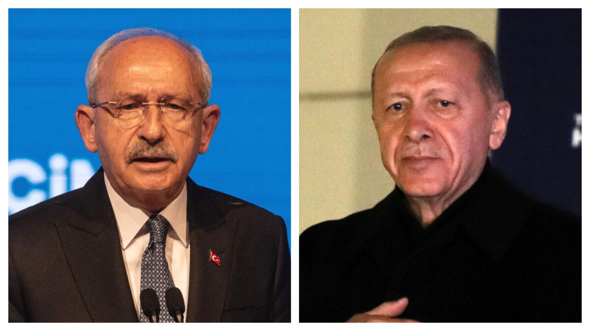 (Left) Republican People's Party (CHP) leader and presidential candidate of the main opposition alliance, Kemal Kilicdaroglu, speaks to the media at the Republican People's Party (CHP) headquarters in Ankara, Turkey, on May 15, 2023. (Right) Turkish President Recep Tayyip Erdogan appears before supporters at AK Party headquarters in Ankara, Turkey, on May 15, 2023. (Burak Kara/Getty Images)