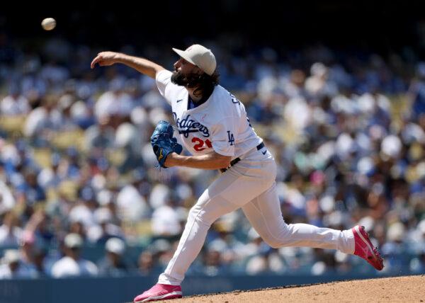 Tony Gonsolin (26) of the Los Angeles Dodgers pitches against the San Diego Padres during the fifth inning at Dodger Stadium in Los Angeles on May 14, 2023. (Harry How/Getty Images)