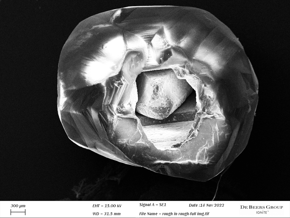 Etch features are visible on both the smaller diamond and the inner cavity of the host, as shown in this electron microscope scan. (Courtesy of Ivan Nikiforov/<a href="https://institute.debeers.com/en-gb/news/introducing-the-%E2%80%98beating-heart%E2%80%99-diamond">De Beers Group</a>)