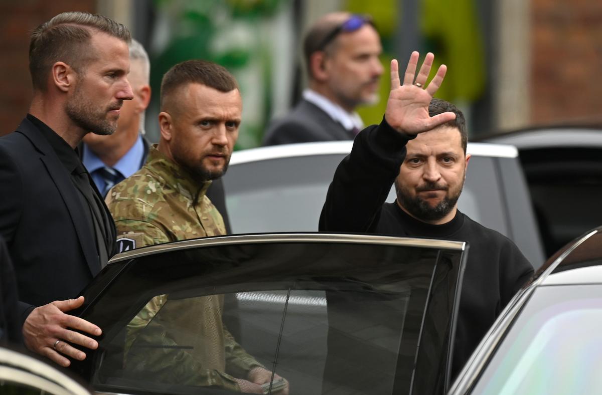 Ukrainian President Volodomyr Zelenskyy leaves after receiving the International Charlemagne Prize at the town hall in Aachen, Germany, on May 14, 2023. (Sascha Schuermann/Getty Images)