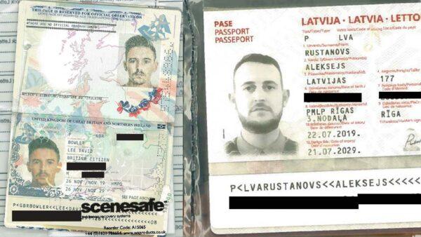 Undated images showing a British FOG passport containing a photo of murder suspect Jordan Owens (L) and a Latvian FOG passport bearing a photo of another fugitive, Christopher Hughes (R), shown at a trial at Reading Crown Court in Reading, England. (National Crime Agency)